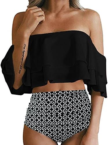 Women Monokini Retro Flounce High Waisted Bikini Halter Neck Two Piece Swimsuit Push-up Bikini Swimwear