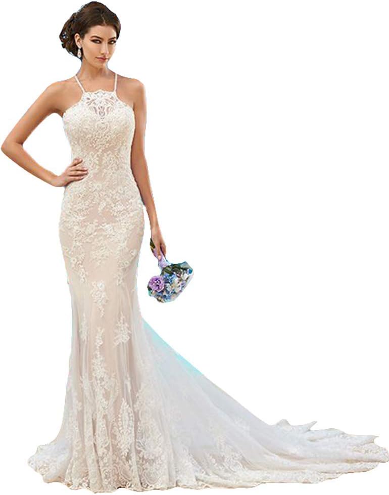 Fenghuavip Elegant Halter Ivory Lace Long Train Bridal Beach Wedding Dress