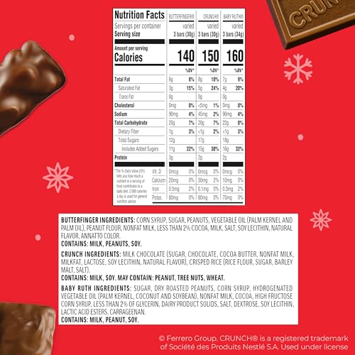 BUTTERFINGER, CRUNCH AND BABY RUTH ASSORTED MINIS, INDIVIDUALLY WRAPPED HOLIDAY CANDY VARIETY PACK, 45 COUNT, 16.2 OZ