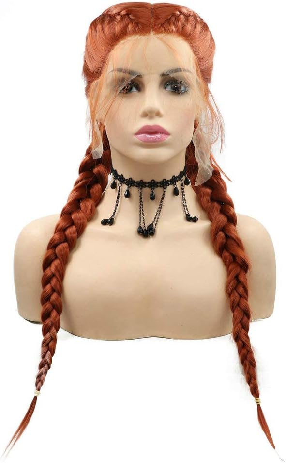 SereneWig Ladies 360# Dark Orange Double Braids Wigs with Baby Hair Synthetic Lace Front Wigs for Women Cosplay Daily Festival Copper Orange Braided Wigs Drag Queen - Image 3