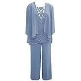 Senunlia 3 Pieces Chiffon Mother of The Bride Pant Suits for Wedding Guest Dresses Lace Wedding Guest Outfit for Women