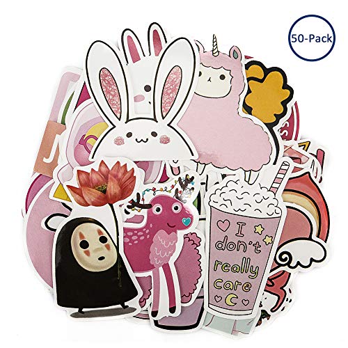 Cute Pink Cartoon Stickers 50PCS, Echeer Pink Girl Decal Stickers Waterproof Removable Vinyl Party Favors Decal Stickers for Girl Birthday Supplies Decorations