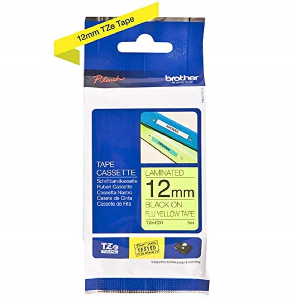Brother TZe-C31 Labelling Tape Cassette, Black on Fluorescent Yellow, 12 mm (W) x 5 m (L), Laminated, Brother Genuine Supplies