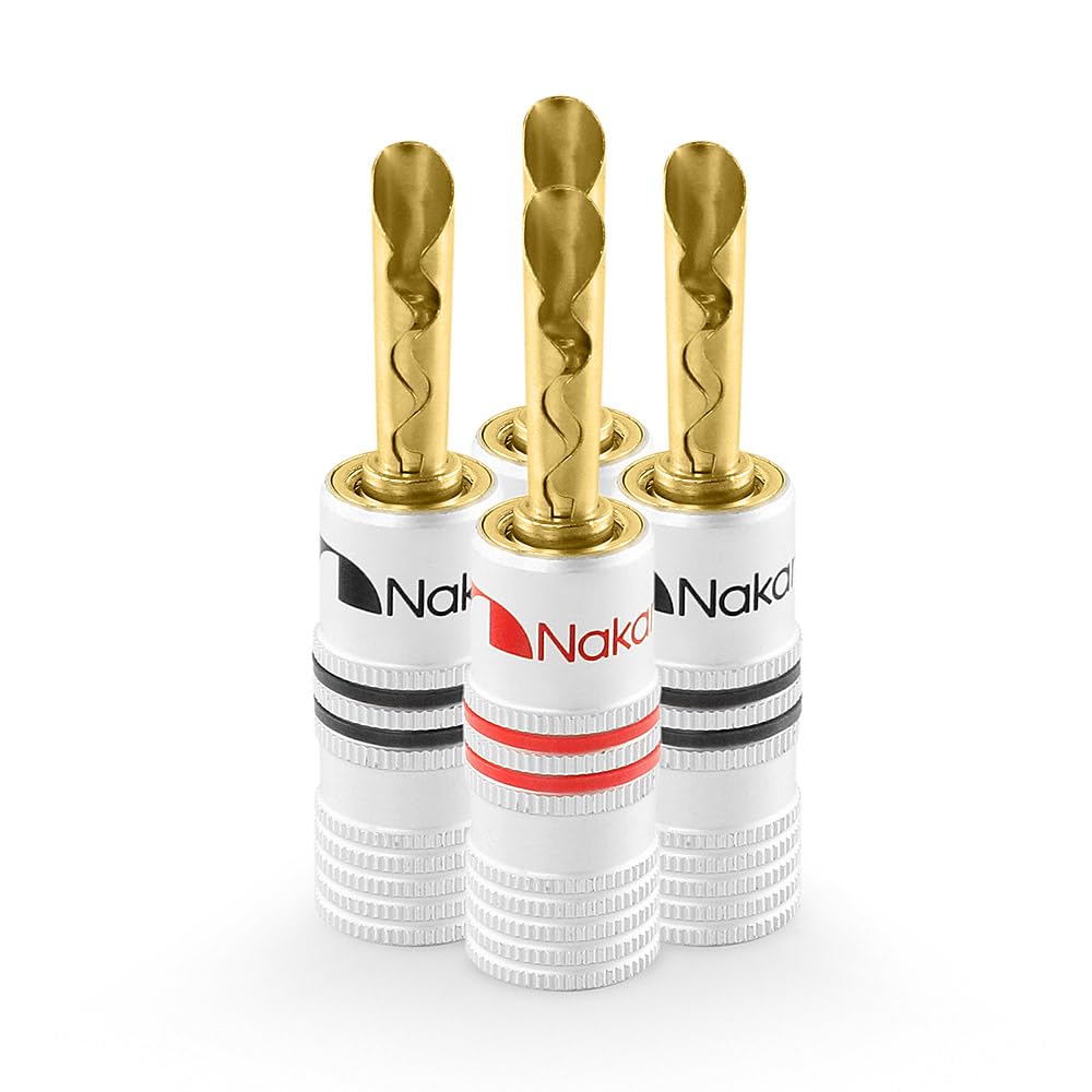 Nakamichi Excel Series 24k Gold Plated Banana Plug 12 AWG - 18 AWG Gauge Size 4mm Speakers Amplifier Hi-Fi AV Stereo Home Theatre Audio Wire Cable Screw Connector 4 Pcs (2-Pairs), BFA Banana Plug
