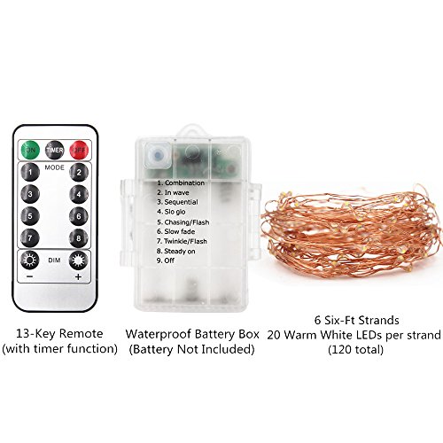 String Fairy Lights,6 Six-Ft Strands,20 Warm White LEDs per strand(120 total),Flexible Copper Wire for Glowing Watering Can with Light,Waterproof,Battery Operated,8 Modes Remote Control with Timer