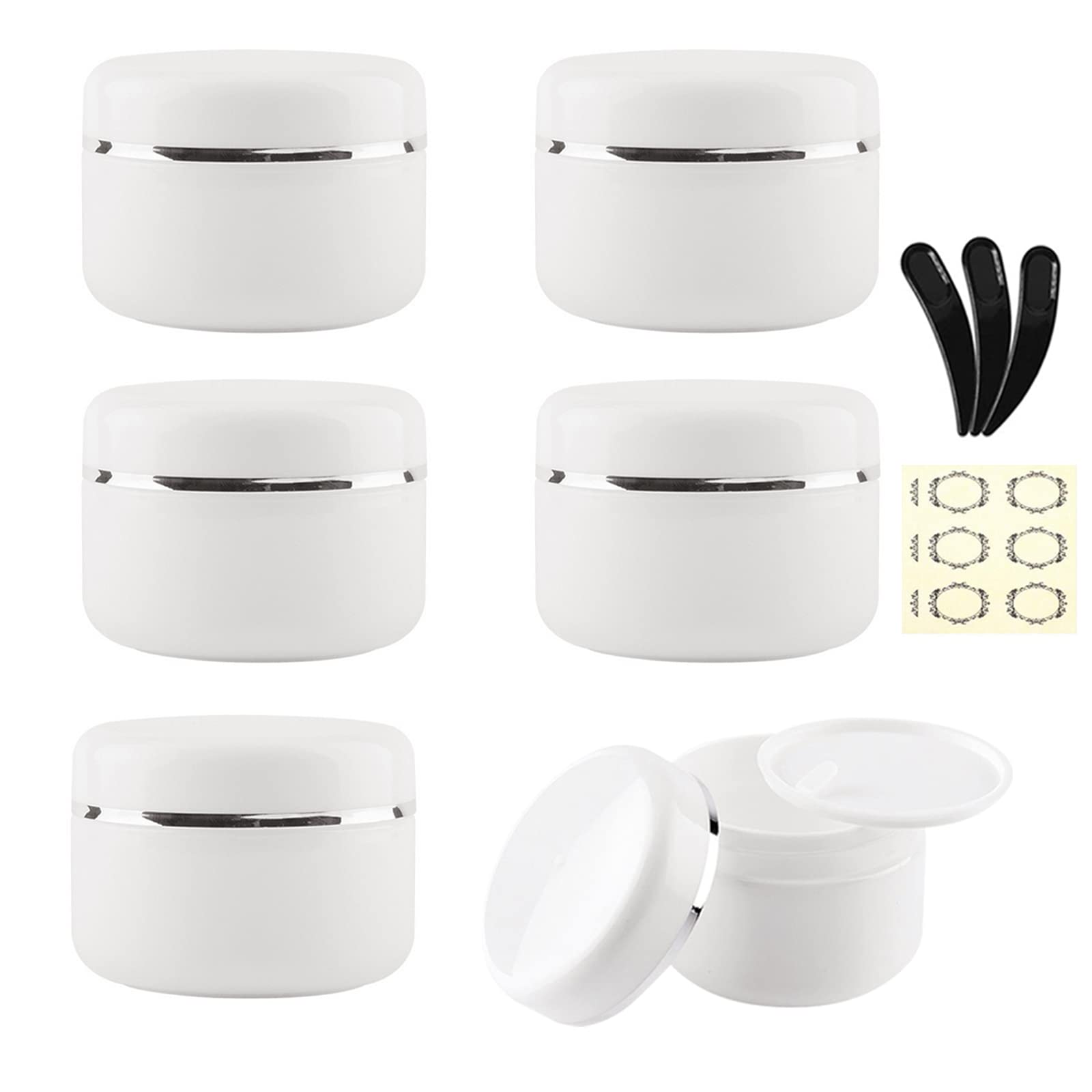 Alledomain 6Pcs 100ml/100g White Cosmetic Sample Jars with 3 Spatula & 6 Label, Plastic Refillable Travel Pot Containers with Silver Dome Lids & Inner Liners for Makeup Cream Beauty Nails