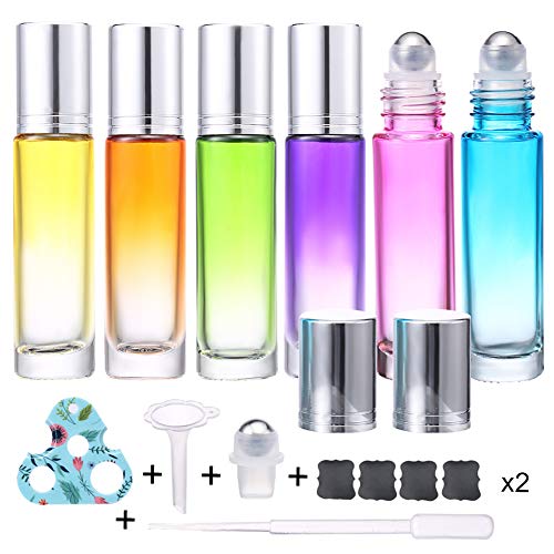 Glass Essential Oil Roller Bottles Empty Bottles 6 Pack with 1 Extra Stainless Steel Roller Ball 8 Black Labels 1 Opener 1 Funnel 1 Dropper (Silver)