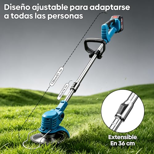 ACHIEVOOA Cortacésped Eléctrico Inalámbrico Telescópico 3 en 1, Desbordadora Portátil de 21V, Equipado con 2 Baterías de 3 Ah y 3 Tipos de Cuchillas de Corte, Ideal para Césped y Jardín (Azul)