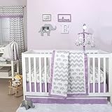 Grey Elephant and Chevron Patchwork 4 Piece Crib Bedding Set with Purple Trim