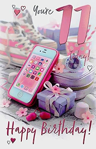 Words and Wishes 11th Birthday Greeting Card, Photographic Mobile Phone Design, Pink Foil Finish, beige|grey|purple|pink - Image 3