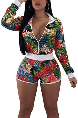 Women's Floral 2 Pieces Outfit - Long Sleeve Jacket + Shorts Set Rompers