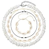 Puka Shell Necklace for Women Natural Pearl Choker Necklace Adjustable Seashell Necklace Cowrie Shell Bracelet Beach Boho Jewelry Set for Vsco Girls