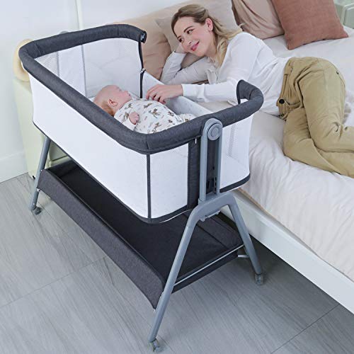 ANGELBLISS Baby Bassinet Bedside Crib with Storage Basket and Wheels, Easy Folding Bed Side Sleeper Adjustable Height…