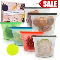 Reusable Silicone Food Storage Bags, 6 Pack Airtight BPA Free Snack Bags for Preservation & Cooking (2 Large & 4 Medium w/Silicone Scrubber Sponge) Baggies for Sous Vide, Sandwich, Meat, Vegetables