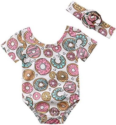Newborn Baby Girl Floral Clothes Long Pants Outfits Short Sleeve Donuts Romper Bodysuit Headband