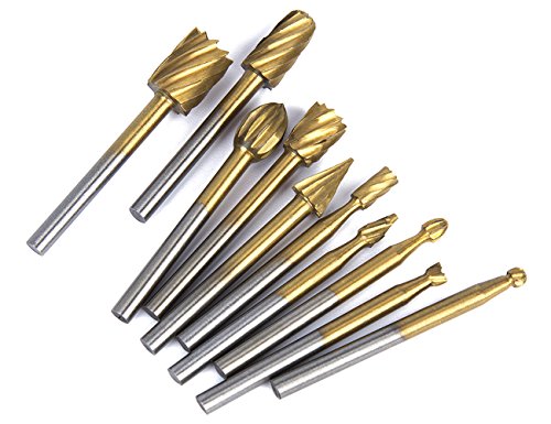 Tonsiki 10pcs Titanium-Coated Rotary Burr Set with 1/8" Shank for DIY Woodworking, Carving, Engraving, Drilling