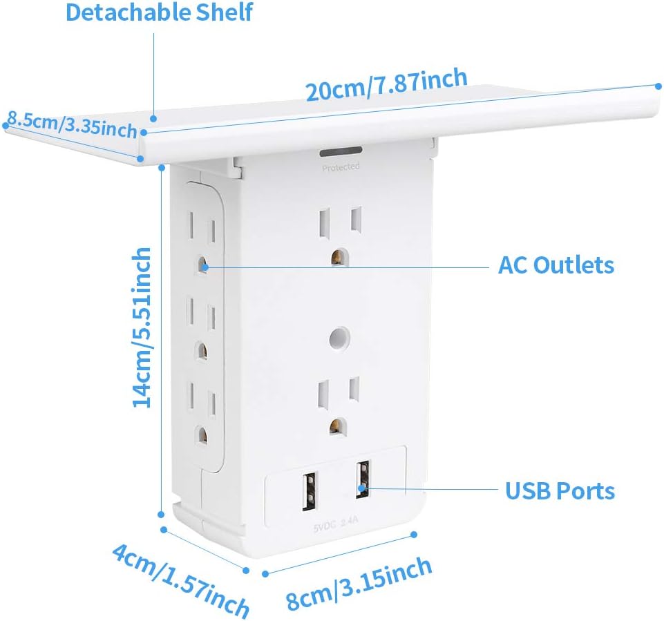 Socket Wall Shelf-CFMASTER 10 Port Surge Protector Wall Outlet, 8 Electrical Outlet Extenders and 2 USB Ports 2.4A, with Removable Built-In Shelf and LED Indicator, FCC Listed, White - - 