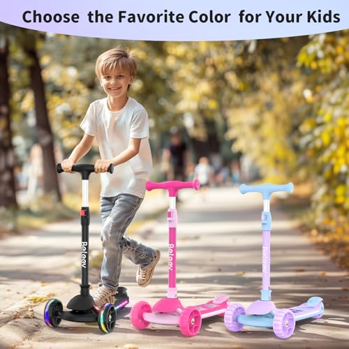 BELEEV A9 Kids Scooter with LED Light-Up Wheels & Deck, 3 Wheel Foldable Kick Scooter for Toddlers Boys Girls Ages 3-12, Adjustable Handlebar, Lean-to-Steer, Extra-Wide Wheels