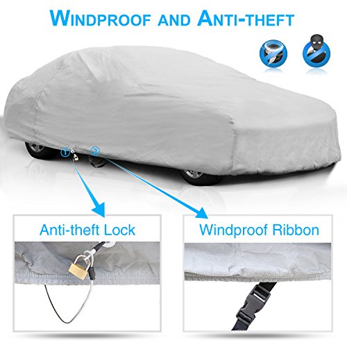 KAKIT 6 Layers Car Cover Snow Cover - Durable Windproof Waterproof for Indoor Outdoor, All Weather Cover for Car Automobiles, Windproof Ribbon & Anti-theft Lock, Fits 199" - 229" - Thumbnail 2