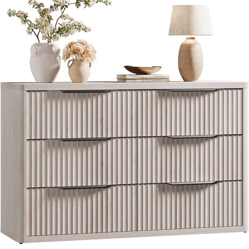 SICOTAS Dresser for Bedroom 6 Drawer Dressers & Chests of Drawers for Closet Long Large Modern TV Stand Set for Clothes Storage Fluted Wide Clothes Closet for Hallway Entryway (White Alder, 1 Piece)