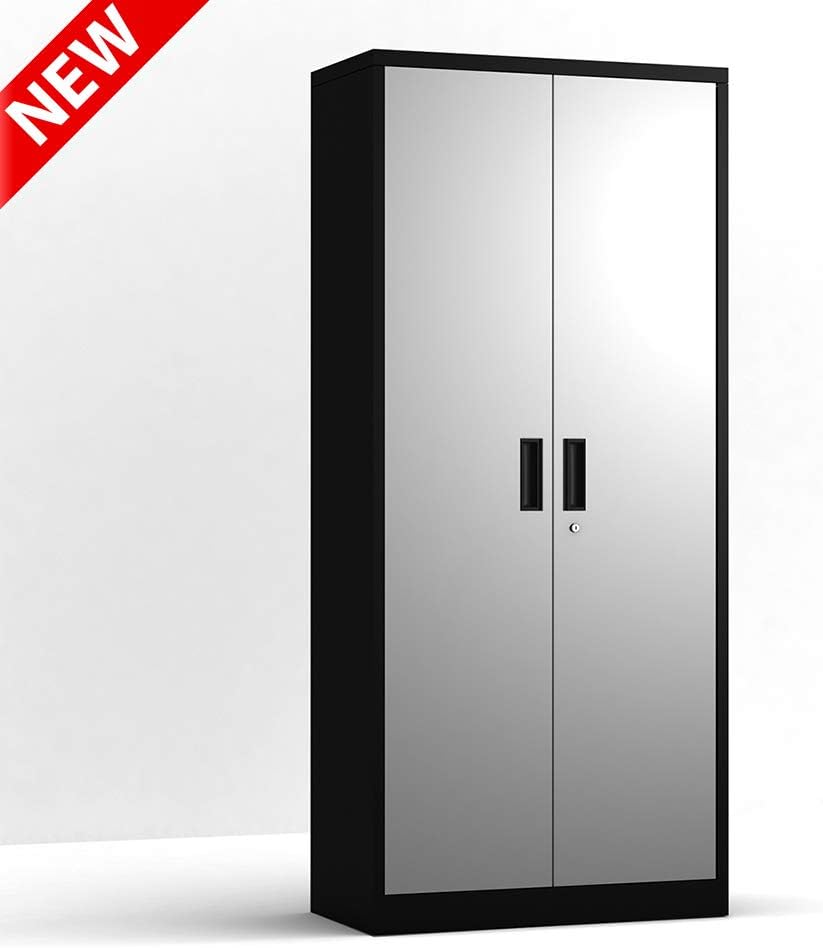 Amazon Com Leekous Upgraded Version Metal Cabinet With Lockable Doors Stronger Modern Steel Counter Storage Cabinet With Adjustable Shelf Home Office Black 31 5 L X 15 7 W X 70 9 H Kitchen Dining