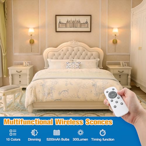 NIORSUN Battery Operated Wall Sconce Set of 2,Gold Rechargeable Wall Lights with 5200mAh Dimmable Bulbs and Remote,10 Colors Wireless Wall Lamps for Bedroom Living Room Hallway Decor