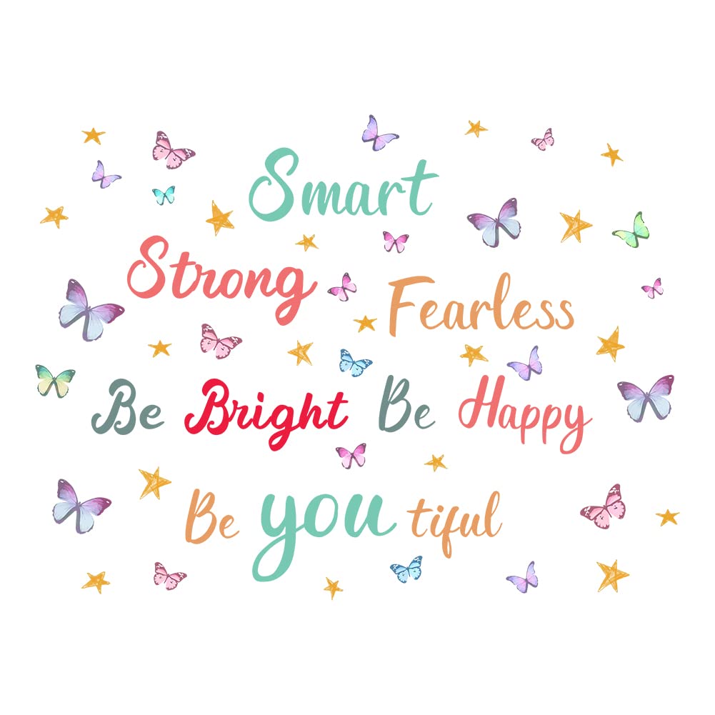 SUPERDANT Colorful Inspirational Wall Decals Smart Strong Happy Beautiful Wall Stickers with Butterflies Stars Wall Decor for Nursery Kindergarten Bedroom Living Room