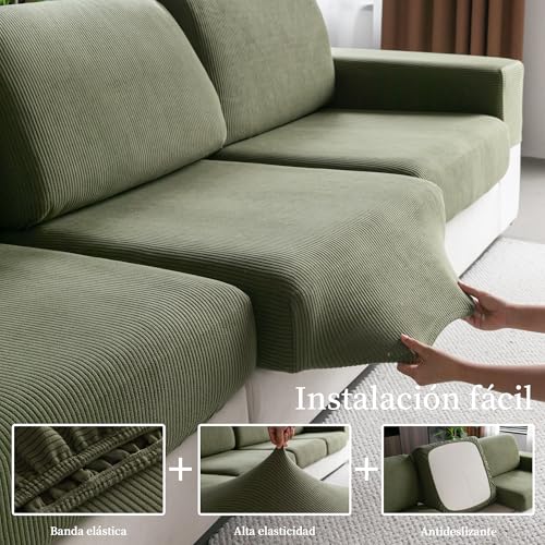 OHSIO Elastic Sofa Cushion Cover, Non-Slip, Washable, Universal, Durable and Easy to Clean (Green, 2 S Seat Covers + 1 Chaise Longue Cover)
