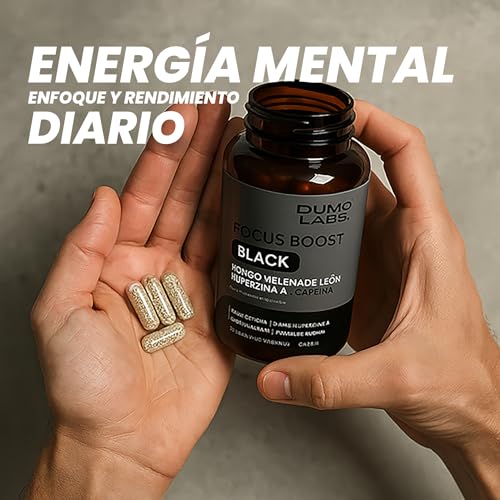 Dumo Focus Boost Black | Nootrópico Natural con Melena de León, Bacopa, Cafeína y Huperzina A | Energía Mental, Enfoque y Rendimiento Diario | 60 Cápsulas Veganas sin Gluten | 1 mes de consumo