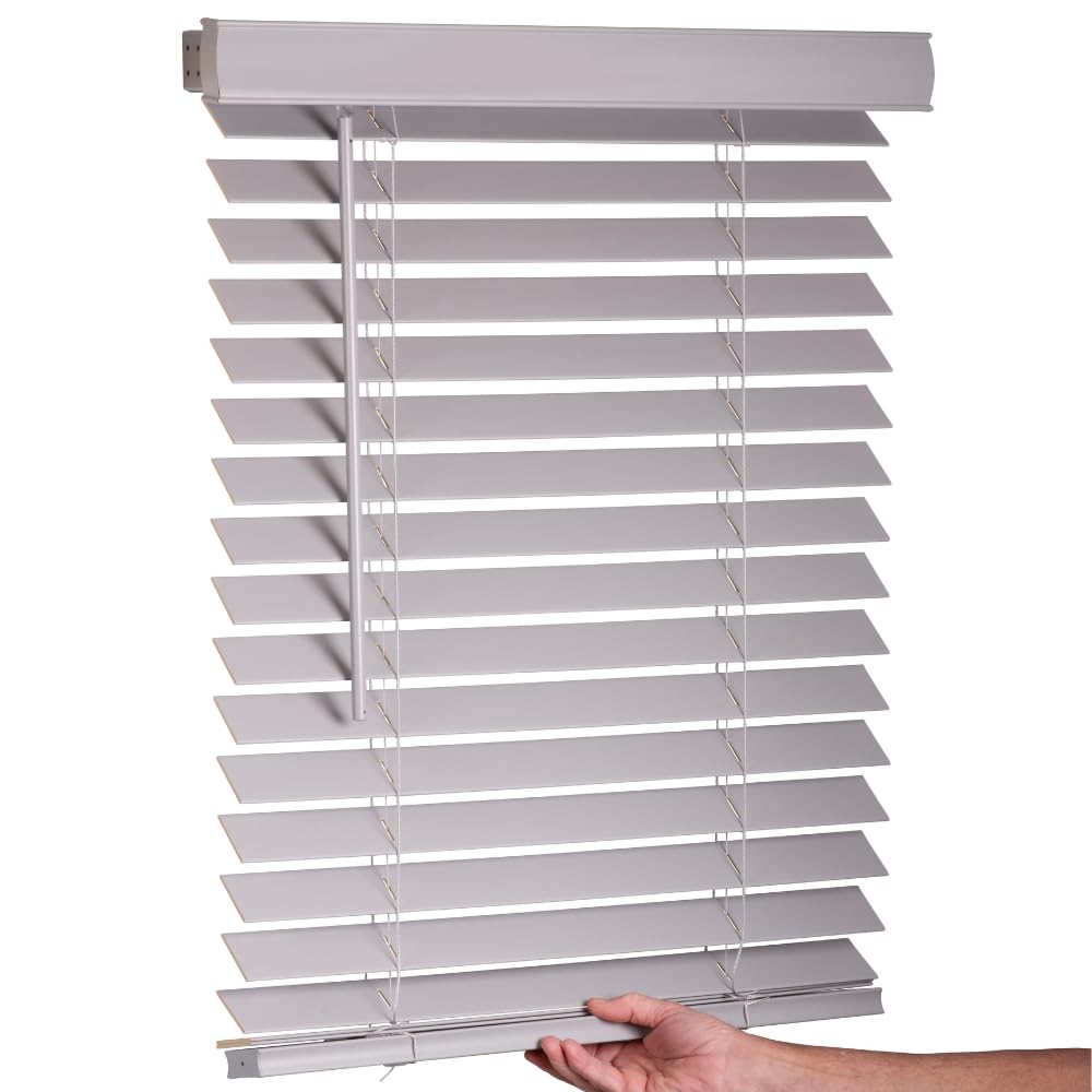 Photo 1 of LOTUS & WINDOWARE Cordless Faux Wood Blinds, 27" Wide x 24" Long,Smooth,Light Gray, 2 Inch Horizontal Blinds – for Living Room, Bedroom, Interior Door Windows