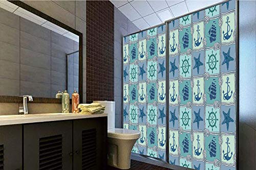 Decorative Privacy Window Film, 35.43"H x 23.62"W for Home&OfficeShips Wheel Decor,Nautical Patchwork Pattern with Ropes Starfish Sailing Ship Anchor and Wheel,Turquoise Navy,59.05"H x 23.62"W