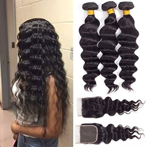 12A Loose Wave Bundles with Closure Human Hair (16 18 20+14") 100% Unprocessed Virgin Brazilian Loose Deep Wave Human Hair Weave Bundles with Lace Closure Natural Color