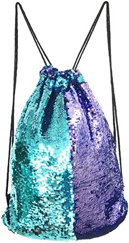 Mermaid Bag Sequin Drawstring Backpack Outdoor Shoulder Bag for Girls Blue Purple