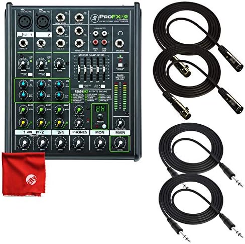 Mackie PROFX4V2 4-Channel Compact Mixer with Effects and 4 Pro Cable Bundle Including 2X TRS Cables + 2X XLR Cables + Microfiber Cleaning Cloth