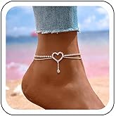 Zeshimb Silver Heart Ankle Bracelet Diamond Rhinestone Love Heart Anklet Layered Beads Chain Tennis Anklet Summer Beach Crystal Chain Anklet Foot Jewelry for Women
