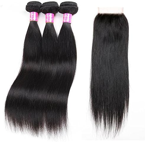 Brazilian Straight Hair With Closure 3 Bundles Unprocessed Virgin Human Hair Bundles With Lace Closure Free Part Hair Extensions Natural Color (12 14 16+12"closure)