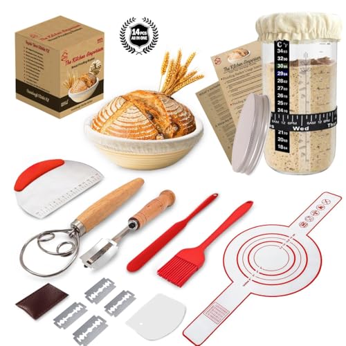 Emporium sourdough starter kit silicone banneton | Feat. 9'' Round Sourdough bread baking supplies,24oz sourdough starter jar & 14pcs banneton bread proofing basket set |Best starter kit for beginners