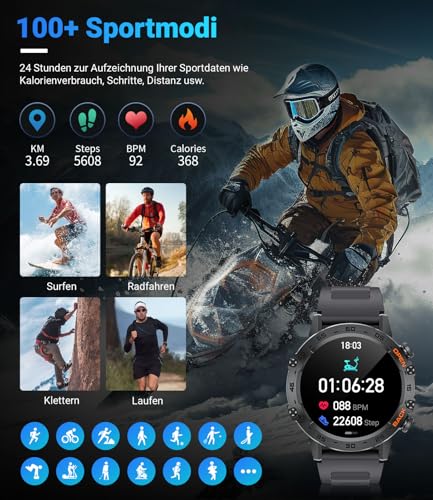 LIGE Men's Smartwatch with Phone Function, 1.39 Inch Military Smart Watch with 24H Heart Rate, Blood Pressure, Sleep Duration, 100+ Sports Modes, Fitness Watch, 300+ Dials, IP67 Waterproof, Black