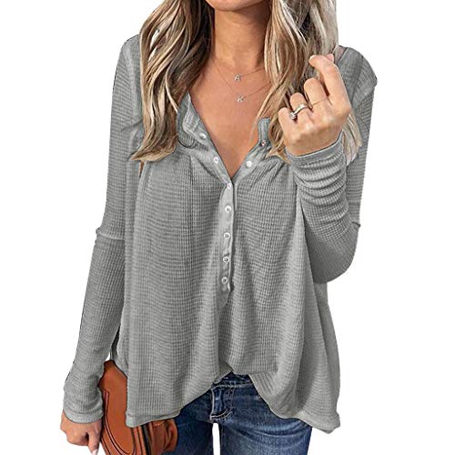 Iussurin Women's Waffle Knit Shirts Long Sleeve Henley Top Casual Tunic Button Down Sexy V Neck Blouses Loose Fitting(Gray,S)