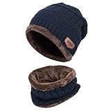 Vbiger Kids Winter Knit Hat and Circle Scarf with Fleece Lining, 2 Pieces Warm Hat Set for Boys Girls (Blue)