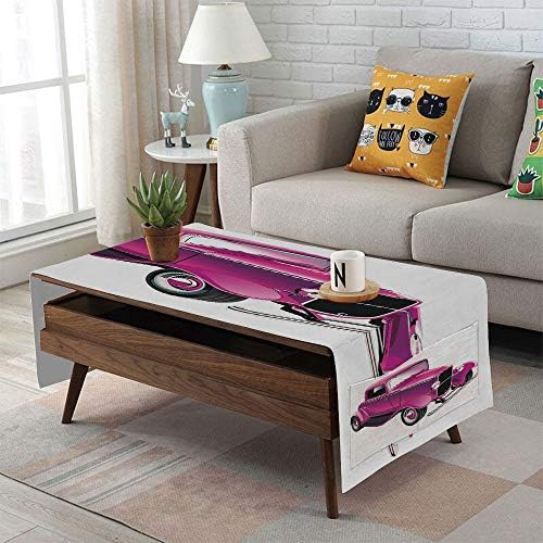 Linen Blend Tablecloth,Side pocket design,Rectangular Coffee Table Pad,Hot Pink,Vintage Muscle Car Illustration Retro Revival Vehicle Engine American Decorative,Magenta Fuchsia Black,for Home Decor