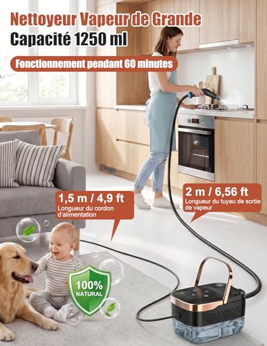 Steam Cleaner, 2500 W Multi-Purpose Manual Steam Cleaner with 6 Adjustable Speeds and 8 Types of Nozzles, 1250ML Portable High Pressure Steam Cleaner for Home and Car