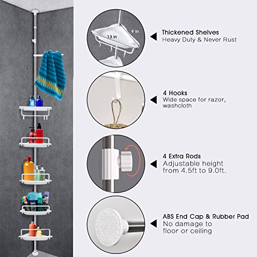 Vailge Constant Tension Corner Shower Caddy, Stainless Steel Pole, 5