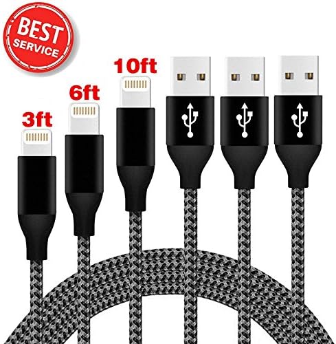 [3 Pack] Lighting Cable, (3FT 6FT 10FT) Nylon Braided Charger Cable Cord Lightning To USB Cable For IPhone X/8 Plus/8/7 Plus/7/6 Plus/6/6s Plus/6s/5/5c/5s/IPad/IPod And More (Silver Black)