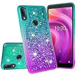 Alcatel 3V 2019 Case, with [Tempered Glass Screen Protector] Diamond Quicksand Cute Phone Cover - Purple on Teal