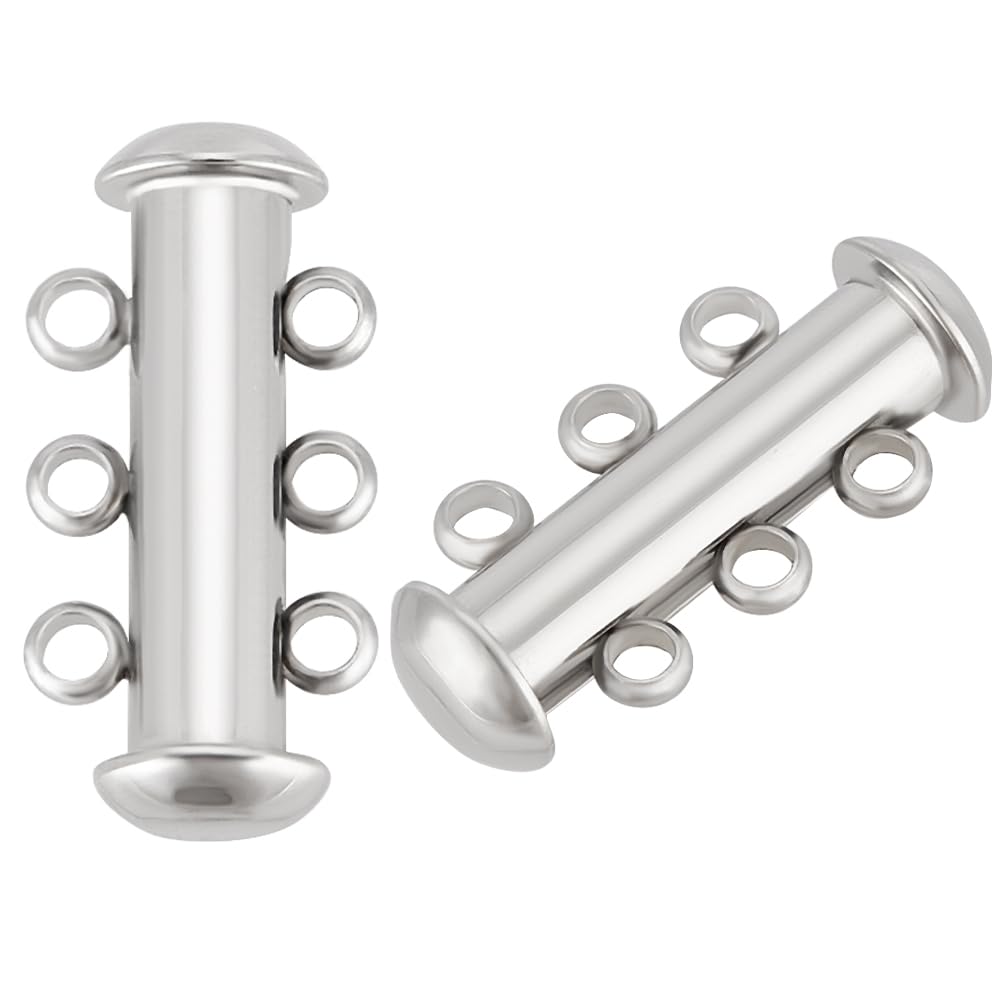 Beebeecraft 4Pcs Slide Lock Clasps 304 Stainless Steel Tube Layering Clasps 3 Strands Connector for Necklace Bracelet Jewelry Making