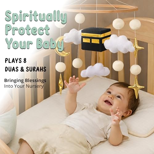 Dua Baby Crib Mobile - Islamic Toy - Halal Baby Sleep Music with Soothing Duas & Surahs - Full Set with Sound Box, Remote, Cot Mobile Arm, Rotating Montessori Infant Crib Toys Hanging Muslim Gift