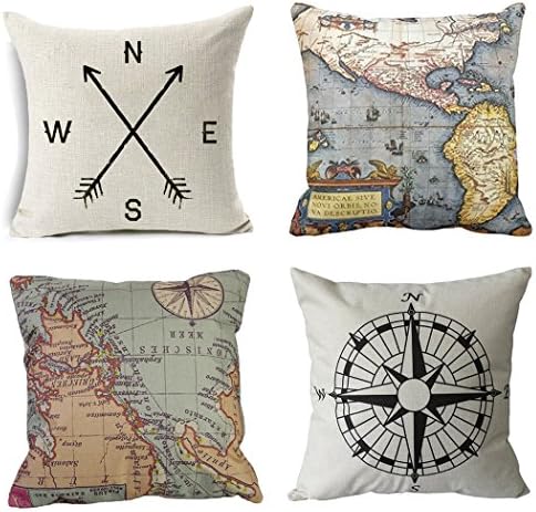 Wonder4 Geography Theme Throw Pillow Covers Home Decorative Map Art Throw Pillow Cases Couch Covers Decoration,2X Maps +1x Compass + 1x Navigation Compass for Home Sofa Bedding Set of 4 (18"x18")