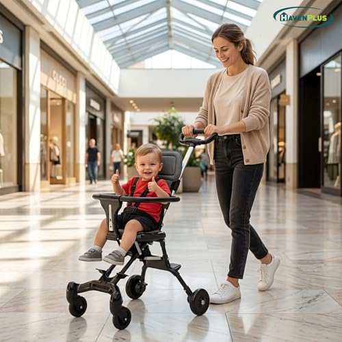 HavenPlus Portable Compact Baby Stroller, Lightweight Foldable, Cabin-Friendly, Adjustable Handle Lock, One-Hand Fold, Grey/Black, 1-3 Years
