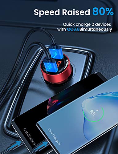 Fast Car Charger, AINOPE Dual QC3.0 Port 6A/36W USB Car Charger All Metal Cigarette Lighter USB Charger Voltage Display Compatible with iPhone 11/11 pro/XR/X/XS/8, Samsung Note 8/S9/S10+/S8 - Red